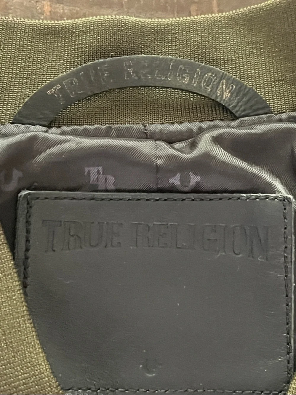 True Religion Waxed Bomber in Military Olive